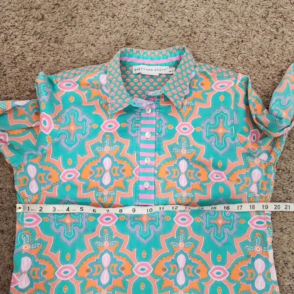 Gretchen Scott Bright Mixed Print Partial Button Front 3/4 Sleeve Popover Top L - Picture 8 of 9